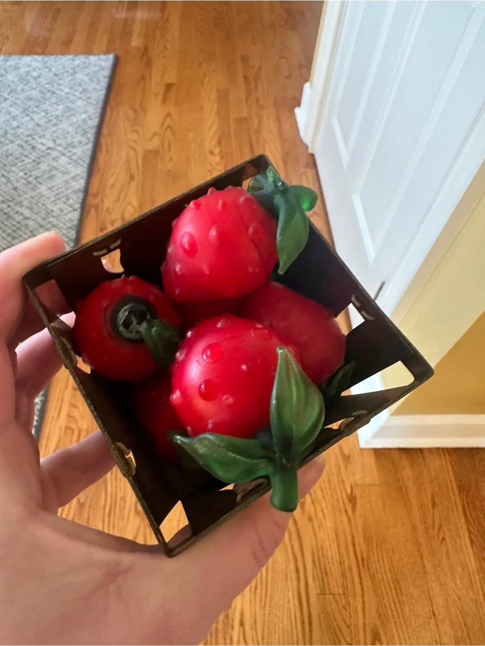Vintage Red Strawberry Basket with Green Leaves